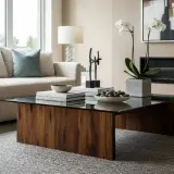 Une table basse en bois et verre, avec des livres, des galets et une orchidée, parfaite pour une inspiration déco moderne.
