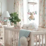 Lit de bébé rempli de peluches, avec mobile ours au-dessus. L'orientation du lit bébé pour bien dormir est suggérée par la douceur de la pièce.