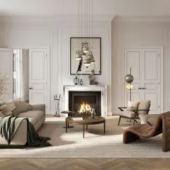 Un salon élégant à l'**intérieur art déco**, avec un canapé confortable, une cheminée chaleureuse et des luminaires design.