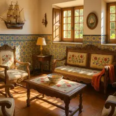 L'intérieur d'une maison portugaise baigné de soleil. Fauteuils et canapé ornés de fleurs, murs couverts de carreaux azulejos bleus et jaunes, maquette de bateau.