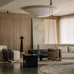 Salon moderne avec fauteuil cosy, canapé suspendu en bois, et une touche d'inspiration déco appartement dans des tons naturels.