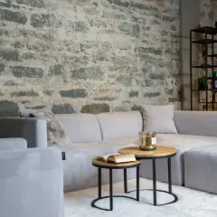 Un salon cosy avec un canapé gris clair sur un tapis blanc. Une question se pose : quelle couleur de tapis irait le mieux avec un canapé gris ?