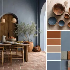Ambiance méditerranéenne avec une table en bois, des chaises rustiques, et une palette de couleurs évoquant la terre cuite et le bleu.