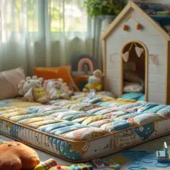 Un matelas au sol, entouré de jouets et de peluches, dans une chambre d'enfant. Idéal pour savoir quoi mettre sous un matelas au sol pour plus de confort.