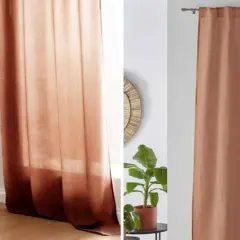 Quel rideau avec mur terracotta ! Un tissu léger aux dégradés chauds, apportant une touche naturelle et chaleureuse à l'espace.