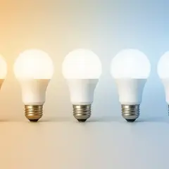Cinq ampoules LED, de gauche à droite, passant d'une lumière chaude à une lumière froide. Qu'est-ce qu'une lampe ? C'est ce qui éclaire nos vies.
