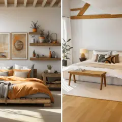 Ambiance cocooning chambre blanche et bois. Lits douillets, touches végétales et art mural pour un refuge paisible.