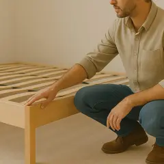 Un homme vérifie un grand lit en bois dans une petite chambre.