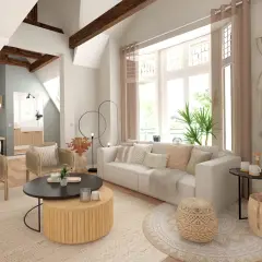 Un salon lumineux avec des poutres apparentes, un canapé blanc confortable, des fauteuils en rotin et une table basse en bois. La déco salon lumineux est complétée par des coussins texturés et des éléments naturels.