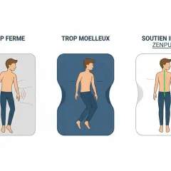 Illustration comparant le soutien d'un matelas trop ferme, trop moelleux, et le soutien idéal Zenpur, montrant l'alignement du corps selon le poids et la taille.
