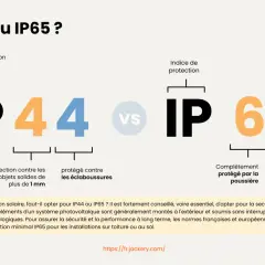 Comparaison des indices de protection IP44 et IP65. Le signification de IP44 indique une protection contre les objets solides de plus de 1 mm et les éclaboussures. IP65 signifie une protection totale contre la poussière et les jets d'eau.