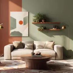 Salon moderne avec canapé clair, fauteuil en cuir, table basse en bois et mur bicolore, dont une partie est peinte en **couleur terracotta**.