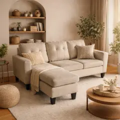 Canapé d'angle beige confortable, parfait pour un salon cosy. Ses dimensions sont idéales pour un espace 2 places.