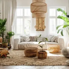 Salon lumineux avec canapé blanc, coussins ethniques, plantes luxuriantes et suspensions en rotin. Une belle idée déco nature pour un intérieur bohème et apaisant.