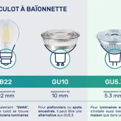 Comparaison de culots d'ampoules : E14, E27, B22, GU10, GU5.3, G4, G9. Quel culot choisir ? Ce tableau compare les différents types de culots, un vrai meme culot pour les bricoleurs !