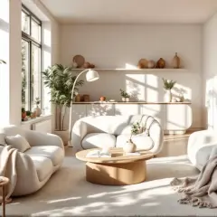Un salon lumineux et aéré, baigné de soleil, avec des canapés blancs aux formes douces et une table basse en bois. L'ambiance est résolument style boho maison, avec des plantes vertes et des touches de terre cuite.