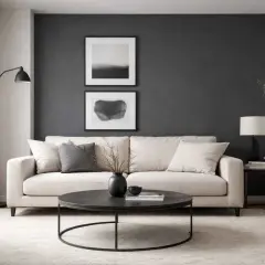 Un salon moderne avec un canapé crème, des coussins gris et une table basse noire. Le mur gris foncé met en valeur des tableaux abstraits. Quelle couleur avec le gris dans une chambre ? Le crème et le noir apportent une touche d'élégance.