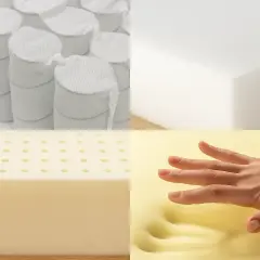 Comparaison de matériaux : ressorts ensachés, mousse blanche, latex perforé et mousse à mémoire de forme qui s'adapte à la main.