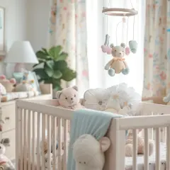Lit de bébé rempli de peluches, avec mobile ours au-dessus. L'orientation du lit bébé pour bien dormir est suggérée par la douceur de la pièce.