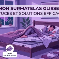 Un homme dort paisiblement, mais son surmatelas glisse sur le sommier. L'image montre des solutions pour éviter ce problème : tapis antidérapant, bandes velcro, sangles élastiques.