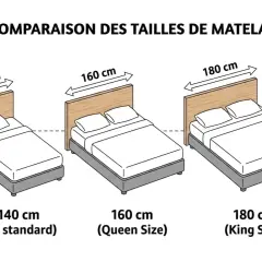 Comparaison de tailles de lits deux places : 140 cm (standard), 160 cm (Queen Size) et 180 cm (King Size).