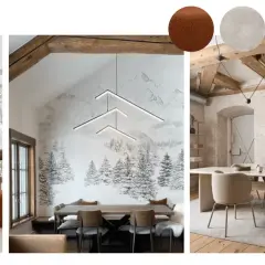 Ambiance chalet chic : fauteuils bouclette, papier peint montagne, et luminaires design.