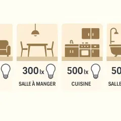 Tableau lumen : salon (200 lx), salle à manger (300 lx), cuisine (500 lx), salle de bains (500 lx).