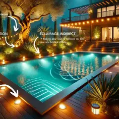 Un bassin illuminé par des spots et des guirlandes, créant une ambiance féerique autour de la piscine.