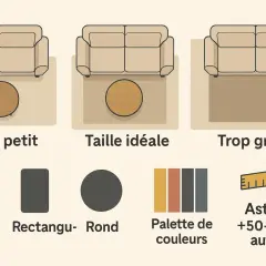 Guide pour la dimension tapis salon : trop petit, taille idéale, trop grand. Formes et palette de couleurs. Astuce : +50-70 cm autour.