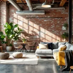 Un salon cosy où l'ambiance industrielle et naturelle se marient. Briques apparentes, grandes plantes vertes et mobilier confortable créent un espace chaleureux.
