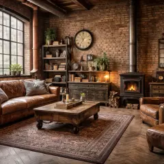 Un salon chaleureux avec canapé en cuir marron, table basse en bois, poêle à bois et une belle **idée déco industriel** avec murs en briques.