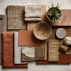 Palette naturelle : bois vieilli, tissages bruts, cuir et échantillons de couleur, quelle couleur avec terracotta ? Tons terreux, gris pierre et vert végétal s'harmonisent.