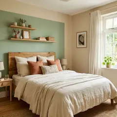Chambre adulte avec peinture deux couleurs : mur vert sauge et mur beige. Lit douillet, étagères décorées, fenêtre lumineuse.