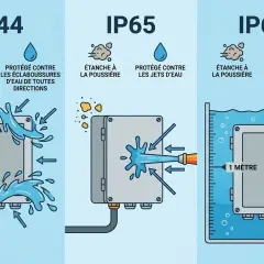 Comparaison des indices de protection : IP44 (éclaboussures), IP65 (jets d'eau) et IP67 (immersion jusqu'à 1 mètre).
