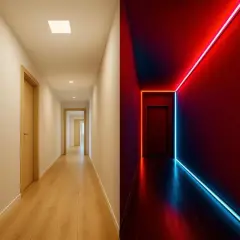 Un couloir long et étroit, divisé en deux. D'un côté, un éclairage doux et naturel. De l'autre, un éclairage néon rouge et bleu, créant une ambiance futuriste.