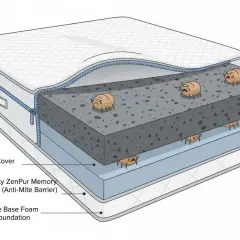 Coupe d'un matelas montrant des acariens, cause fréquente d'allergie matelas. La mousse à mémoire de forme haute densité agit comme une barrière anti-acariens.
