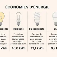 Comparaison de la consommation d'énergie des ampoules : l'ampoule LED est la plus économique, consommant seulement 9,9 kWh par an.