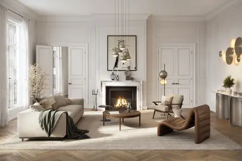 Un salon élégant à l'**intérieur art déco**, avec un canapé confortable, une cheminée chaleureuse et des luminaires design.