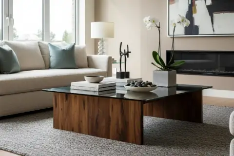 Une table basse en bois et verre, avec des livres, des galets et une orchidée, parfaite pour une inspiration déco moderne.