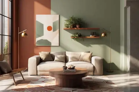 Salon moderne avec canapé clair, fauteuil en cuir, table basse en bois et mur bicolore, dont une partie est peinte en **couleur terracotta**.