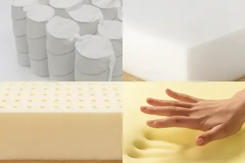 Comparaison de matériaux : ressorts ensachés, mousse blanche, latex perforé et mousse à mémoire de forme qui s'adapte à la main.