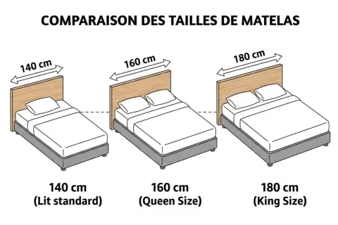 Comparaison de tailles de lits deux places : 140 cm (standard), 160 cm (Queen Size) et 180 cm (King Size).