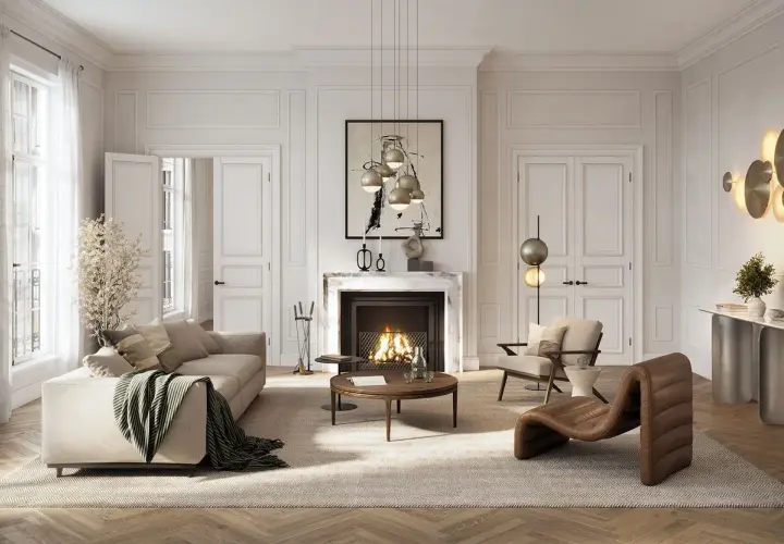 Un salon élégant à l'**intérieur art déco**, avec un canapé confortable, une cheminée chaleureuse et des luminaires design.