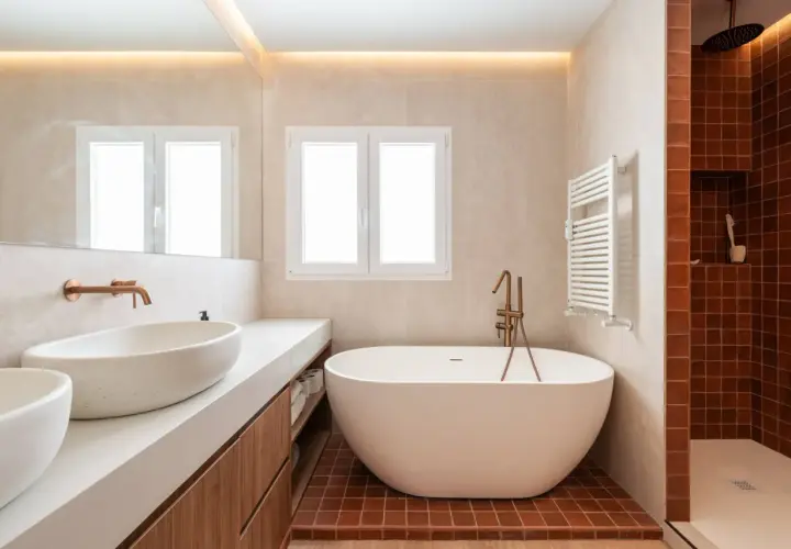 Salle de bain moderne avec baignoire îlot. L'éclairage indirect au plafond et la lumière naturelle par la fenêtre aident à comment éclairer une salle de bain.