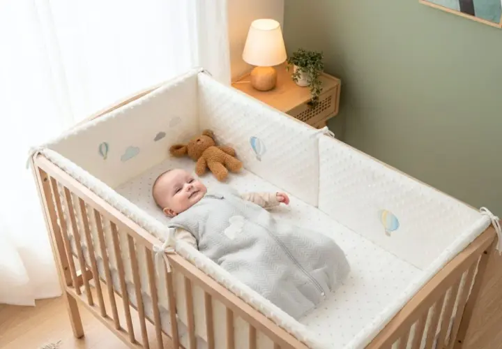 Un bébé souriant dans son lit, entouré d'un tour de lit orné de montgolfières. Un doudou ours est à ses côtés.