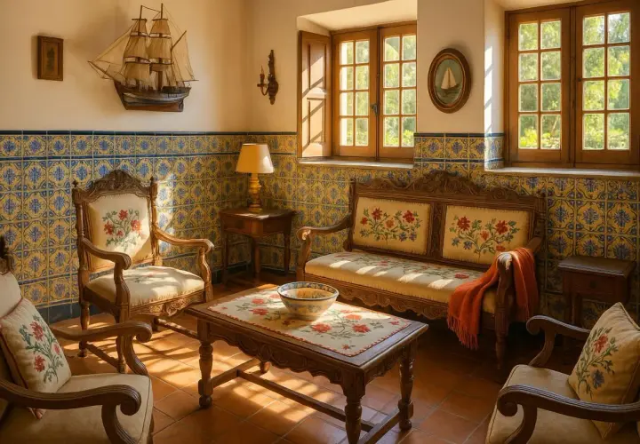 L'intérieur d'une maison portugaise baigné de soleil. Fauteuils et canapé ornés de fleurs, murs couverts de carreaux azulejos bleus et jaunes, maquette de bateau.