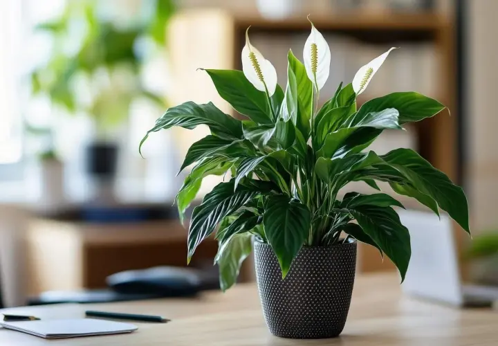 Un lys de la paix, symbole de sérénité, trône dans un pot texturé sur un bureau. La plante aux feuilles vertes luxuriantes et aux élégantes fleurs blanches apporte une touche de nature à cette chambre.
