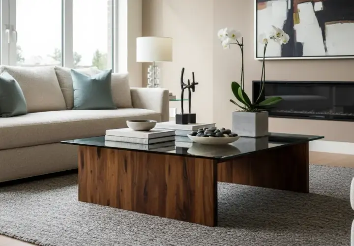 Une table basse en bois et verre, avec des livres, des galets et une orchidée, parfaite pour une inspiration déco moderne.