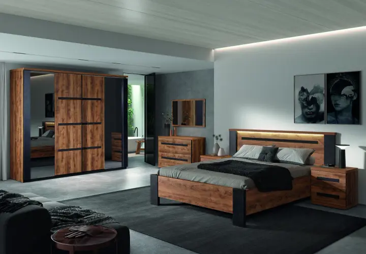 Une chambre moderne avec une armoire en bois et noir, un lit en bois et des tables de chevet assorties. Une belle idée chambre noir et bois pour un intérieur chic.