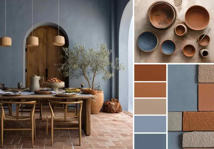 Ambiance méditerranéenne avec une table en bois, des chaises rustiques, et une palette de couleurs évoquant la terre cuite et le bleu.